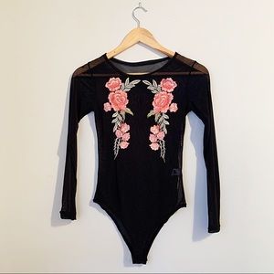 Embroidered black sheer bodysuit